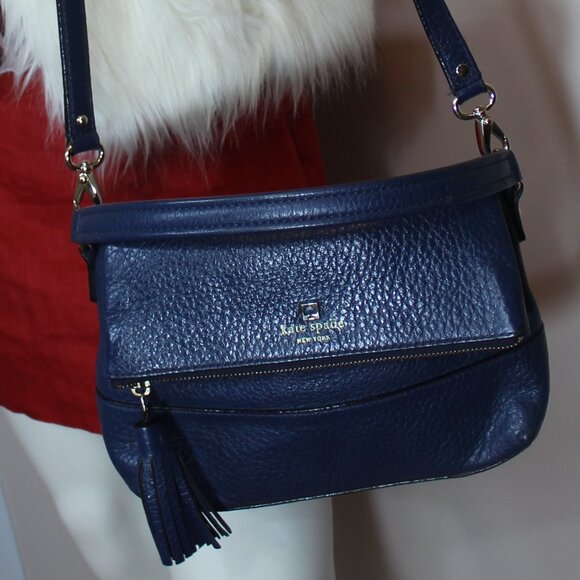 Kate Spade Blue Pebbled Leather Polly Large Convertible Crossbody Handbag Purse - Picture 1 of 9